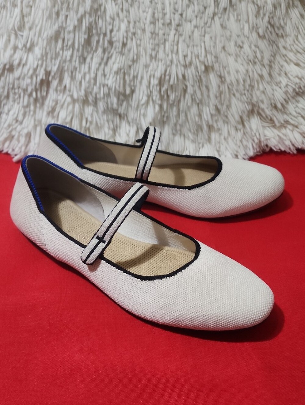 Rothy's The Square  Cream Mary Jane Flats with Black Trim and Blue Edge - Picture 2 of 11
